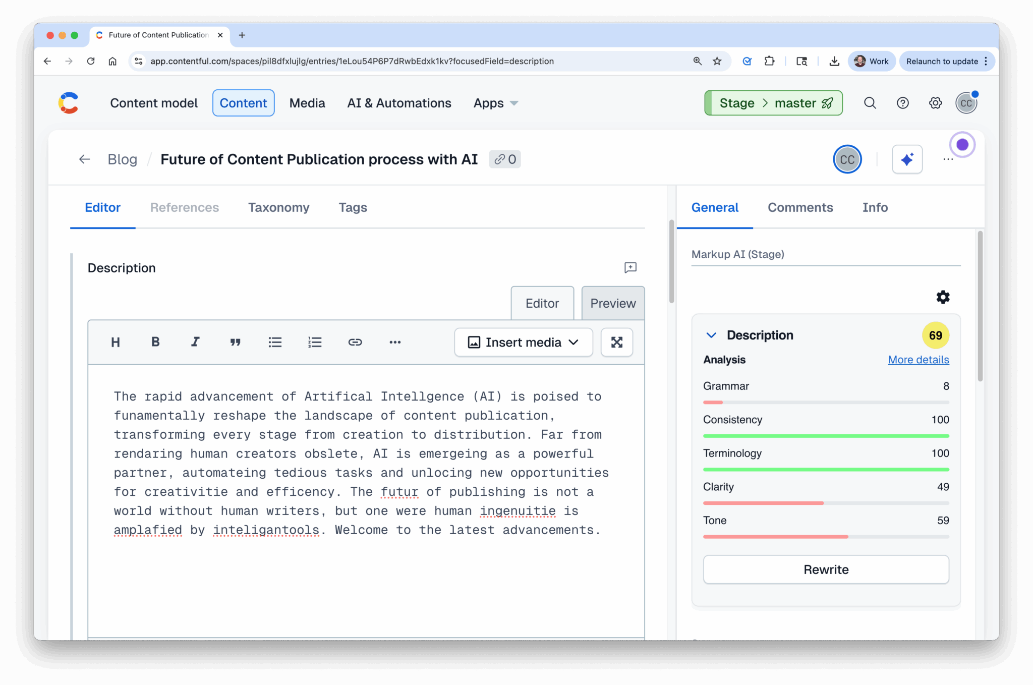 Product screenshot of Markup AI checking content quality in Contentful.