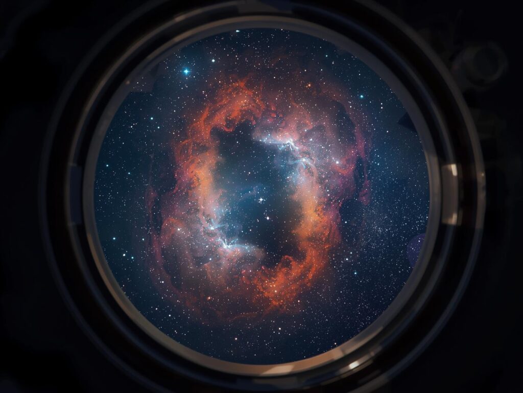 Image of a galaxy being viewed through the lens of a telescope.