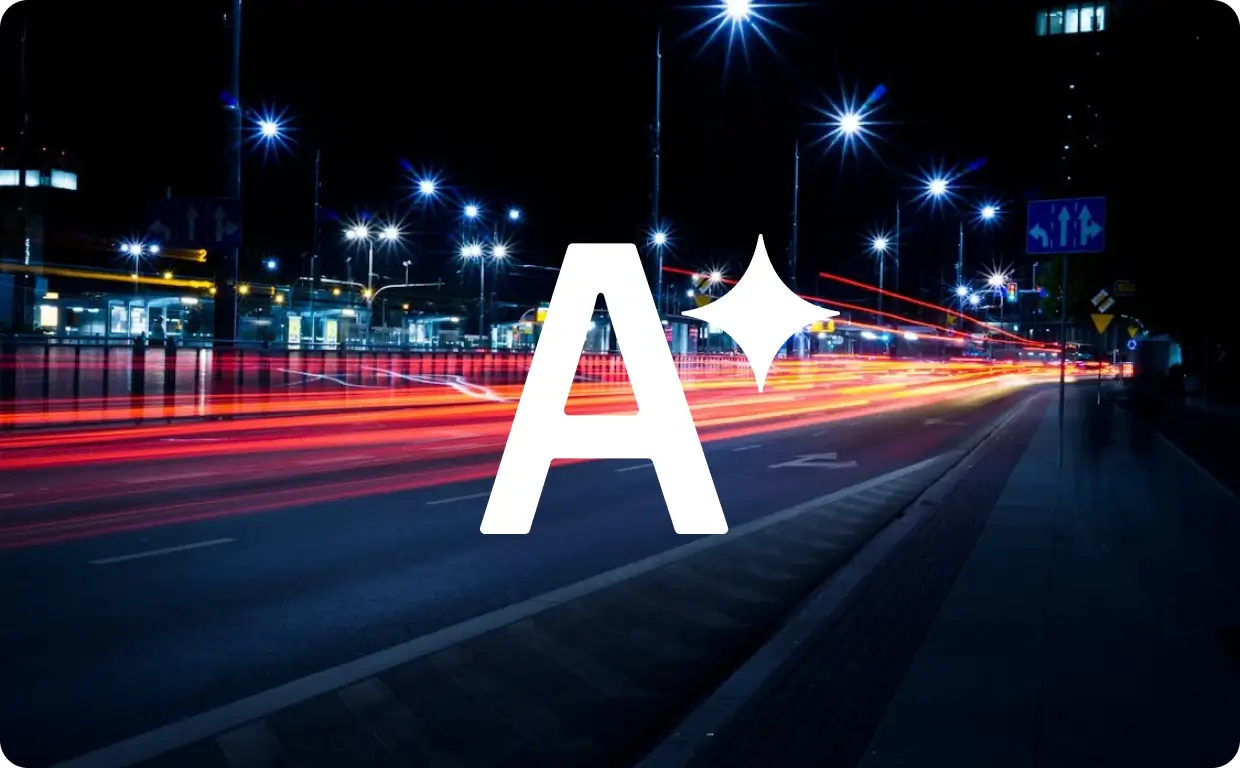 Night street illuminated by red lights with Ai icon