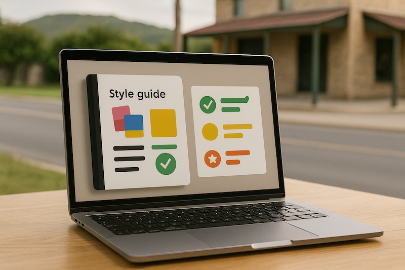 A laptop on a wooden table displays a screen with a digital style guide, featuring colorful shapes, icons, and checklists. A blurred building and road are visible in the background through a window.