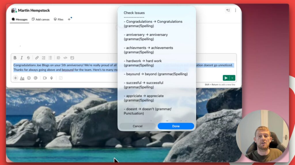 A screenshot of using Apple Shortcuts to rewrite content with Markup AI.