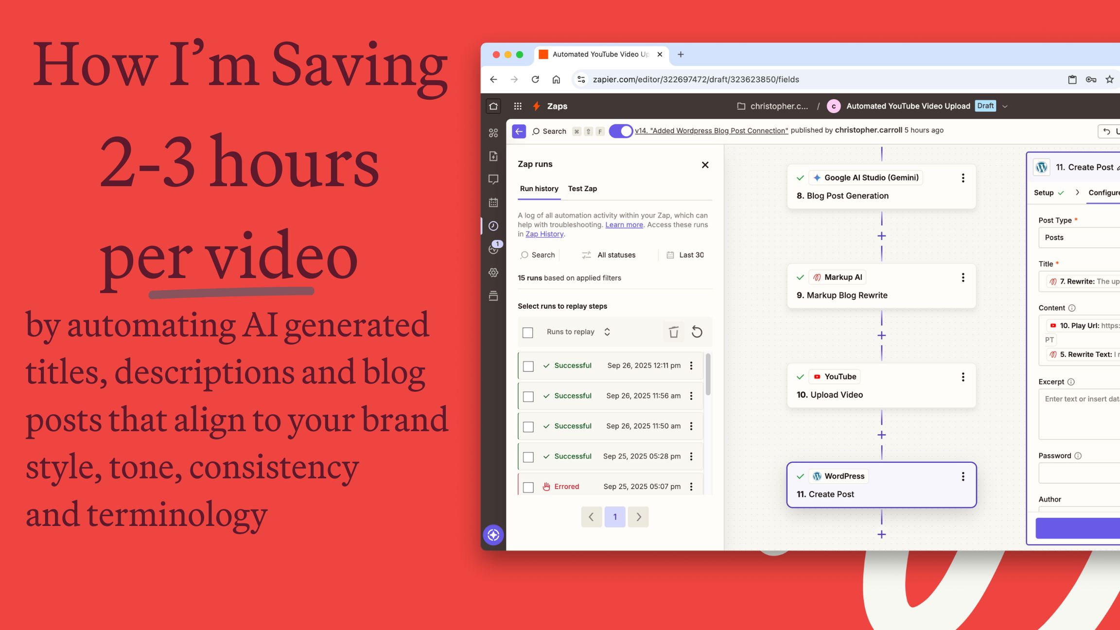 Blog poster showing a Zapier workflow where a video is uploaded to YouTube and a Blog.