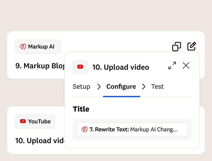 Zapier setup for Markup AI to fix content issues, showing a video upload configuration to Save Hours per Video with AI Automation for On-Brand YouTube and Blog Content.