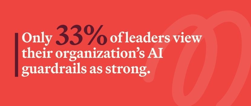 Pull quote from the blog: "Only 33% of leaders view their organization’s AI guardrails as strong." on a coral background.