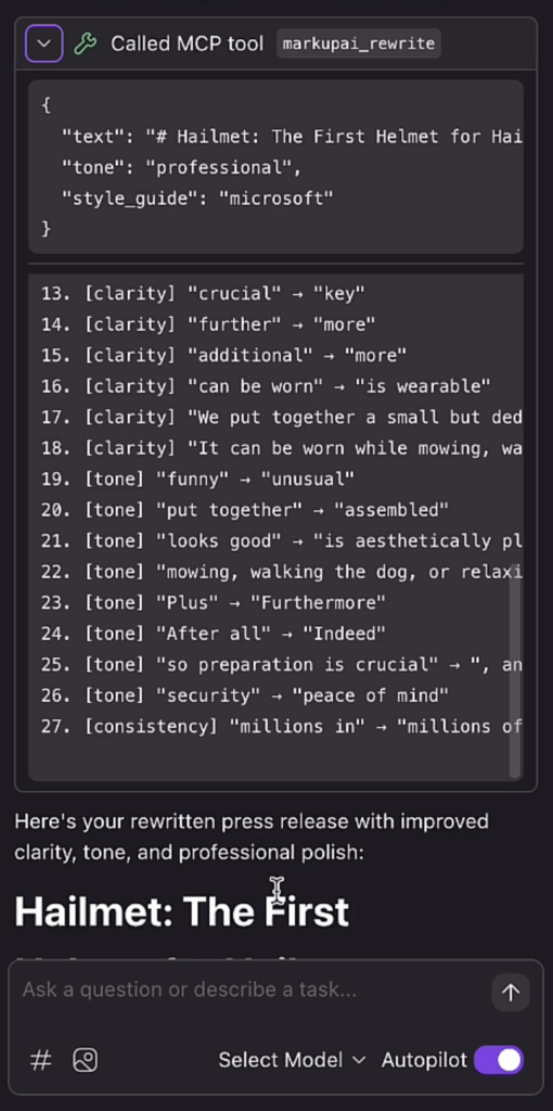 An image of the KIRO developer chat app using Markup AI Checking Structured Content Quality.