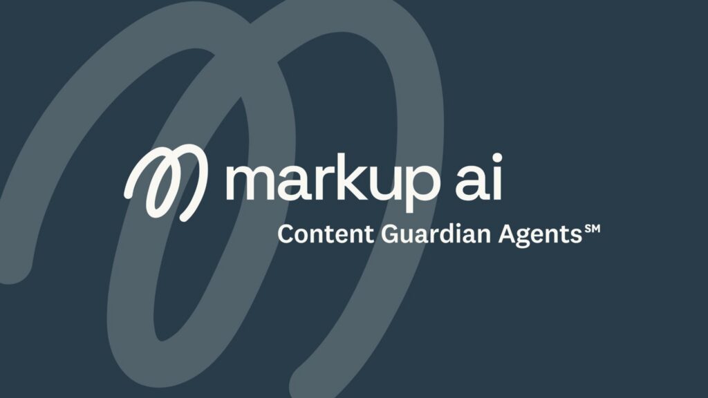 Logo for markup ai with a white abstract symbol and the words markup ai Content Guardian Agents℠ on a dark blue background.