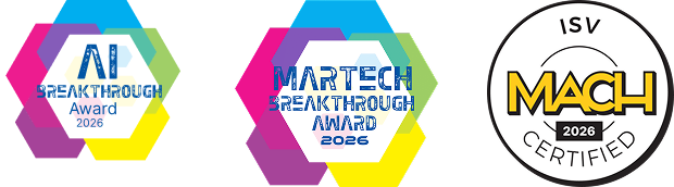 Three hexagonal badges: AI Breakthrough Award 2026, Martech Breakthrough Award 2026, and a circular MACH ISV Certified 2026 logo. The badges use colorful geometric shapes and bold text.
