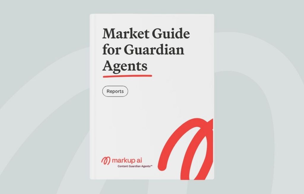A white book titled Market Guide for Guardian Agents with Reports in a small gray bubble. The cover features red design elements, the markup ai logo at the bottom, and references to ai agents. The background has abstract light gray shapes.