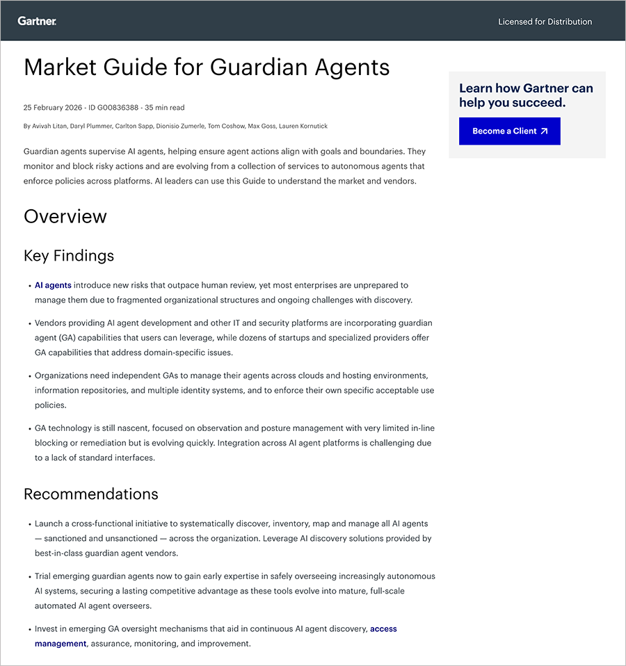 Screenshot of a Gartner report titled Market Guide for AI Agents and Guardian Agents, featuring overview and key findings sections, a sidebar promoting a free account, and images of five authors displayed at the top.