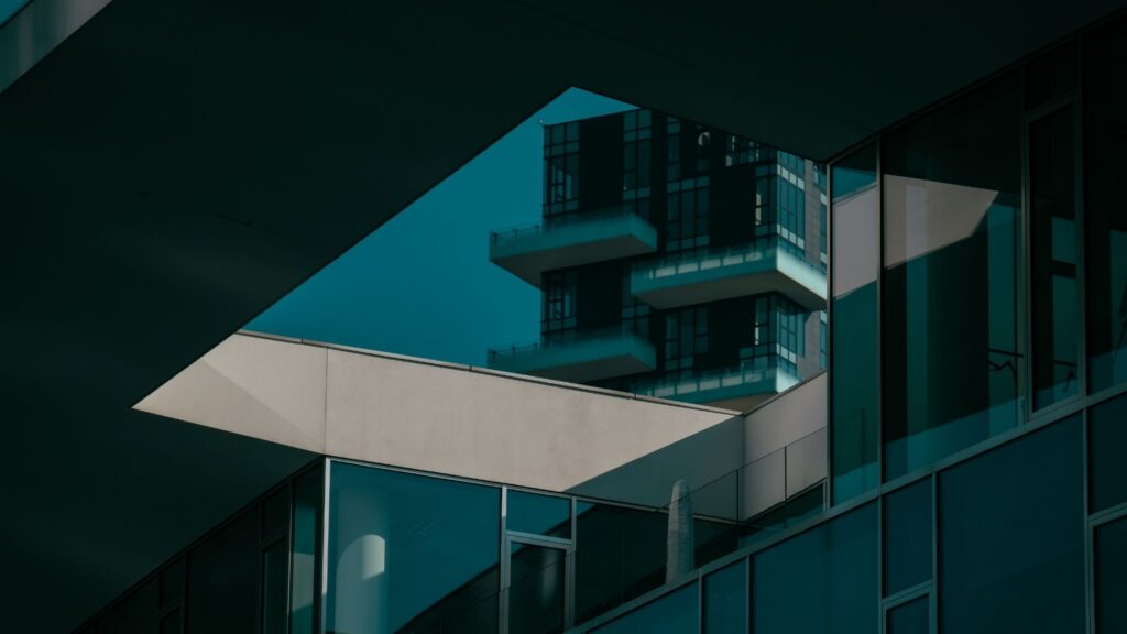 Modern buildings in a blue light.