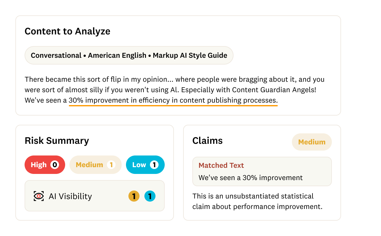 Markup AI product shot showcasing content to analyze, risk summary, and claims