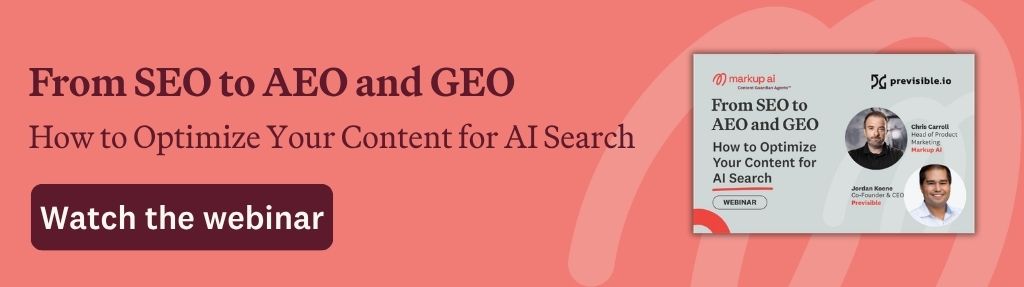A webinar banner reads “From SEO to AEO and GEO: How to Optimize Your Content for AI Search.” Featuring two speakers and logos for marquis.ai and prestigeio.io, it includes a purple “Watch the webinar” button.