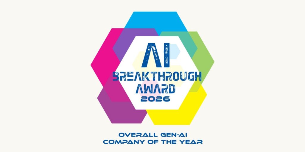 Colorful hexagons surround the text AI Breakthrough Award 2026. Below, it reads Overall Gen-AI Company of the Year. The design features blue, pink, purple, yellow, and green shapes on a white background.