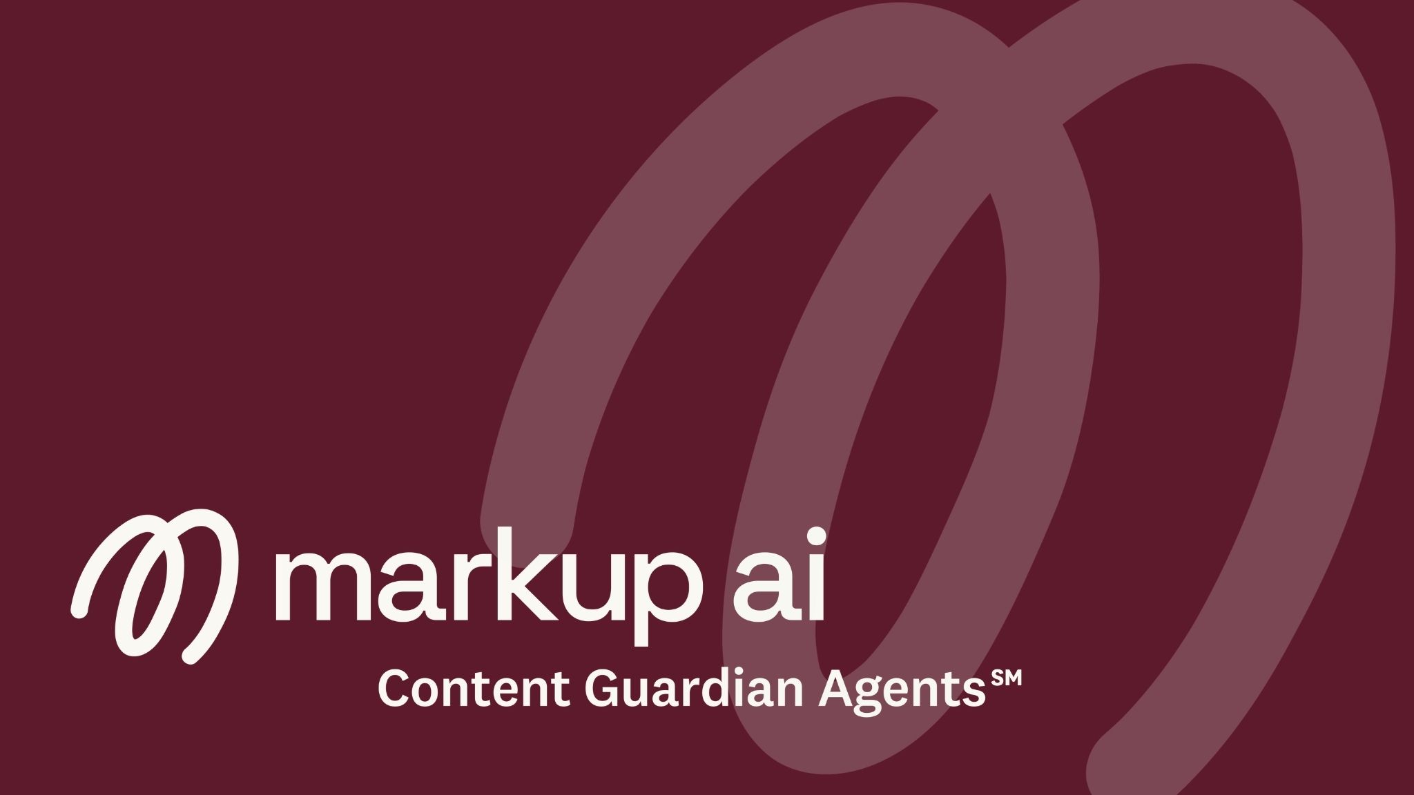 Logo for markup ai featuring a white stylized m on a maroon background with the text markup ai and Content Guardian Agents℠ beneath it, highlighting content quality control. Large, faded m shapes enhance the background.