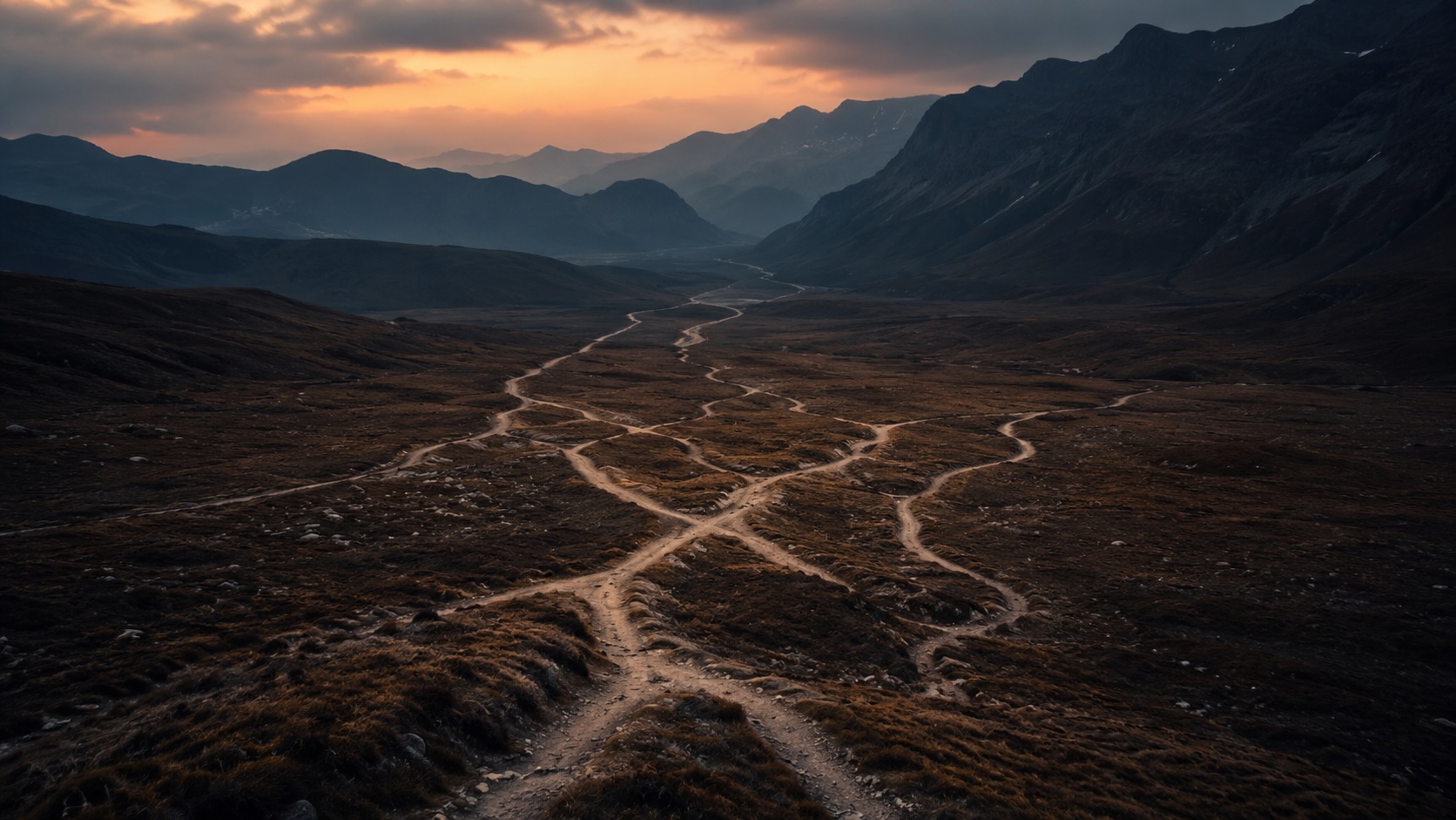 A network of winding dirt paths crosses a barren valley at sunset, surrounded by dark mountains under a colorful sky with orange and pink clouds.