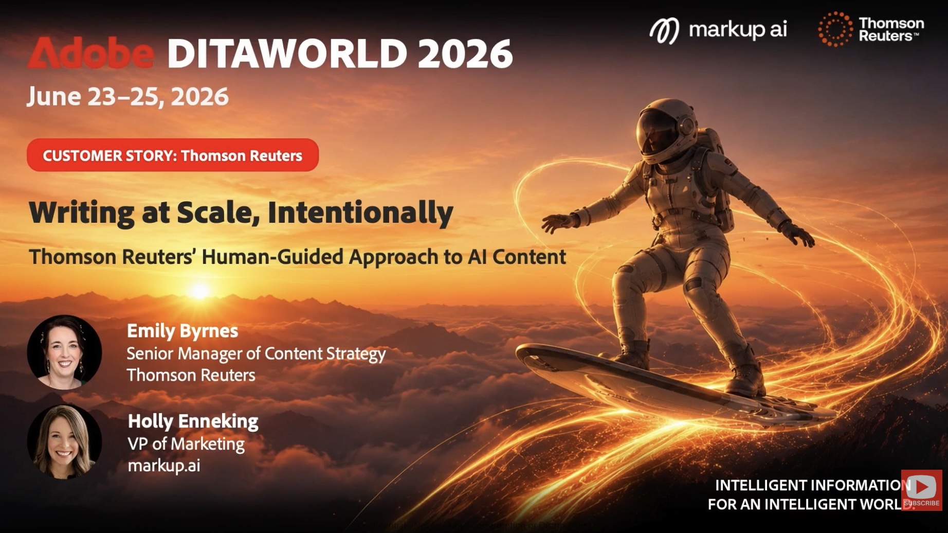 An astronaut surfing on a hoverboard above clouds at sunset. Event details: Adobe DITAWORLD 2026, June 23–25. Speakers: Emily Byrnes, Holly Enneking. Topic: Human-guided AI content, by Thomson Reuters and markup.ai.