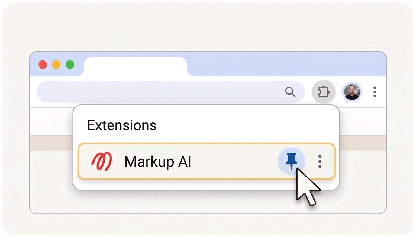 A browser window showing an Extensions menu with Markup AI and a cursor clicking a blue pin icon to pin the extension, highlighting how content guardian agents can help manage your browsing tools effortlessly.