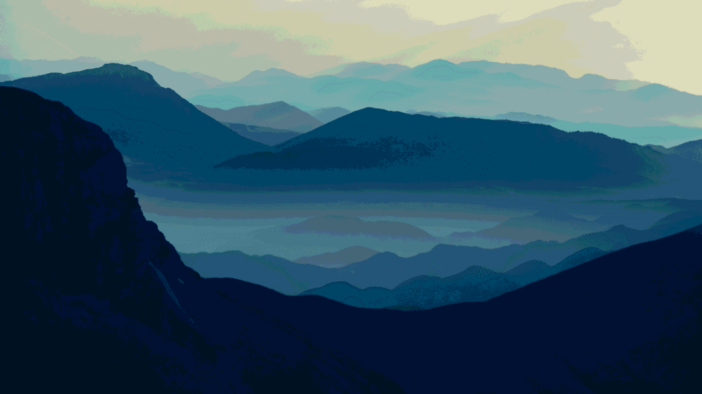 Blue-toned silhouettes of mountain ranges overlap under a hazy sky, with layers fading into the distance and soft mist filling the valleys, creating a peaceful, atmospheric landscape.