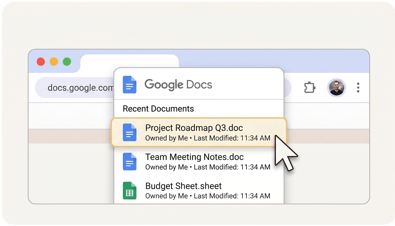 A computer screen shows Google Docs with a dropdown menu listing documents, including “Project Roadmap Q3.doc,” highlighted and selected with a cursor. Other files, such as meeting notes, a budget sheet, and content guardian agents documentation, are also visible.