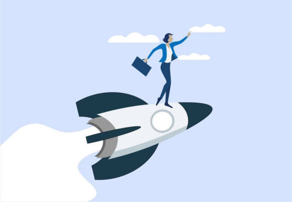 A businessperson holding a briefcase stands confidently on a flying rocket, reaching toward clouds in the sky, symbolizing ambition and success.