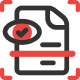 Icon of a document with a large eye and check mark overlaid, surrounded by red corners and a red horizontal line, symbolizing document review or verification.