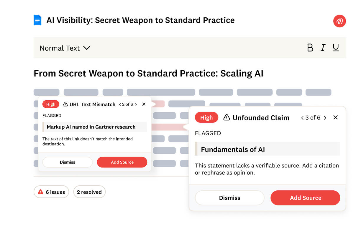 A document editor displays text about AI, with two red warning boxes: one for a URL text mismatch and another for an unfounded claim, suggesting to add a source or dismiss the flag.