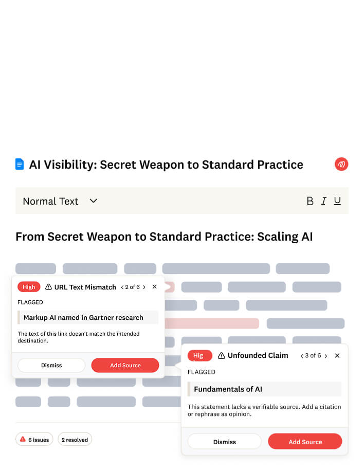 A webpage showing a text editor with highlighted text and two pop-up notifications indicating flagged issues: URL Text Mismatch and Unfounded Claim, both offering options to dismiss or add a source.