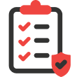 Icon of a clipboard with three red checkmarks and lines, and a red shield with a black checkmark at the bottom right, symbolizing completed tasks and security.