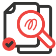 Icon of two overlapping documents, a red magnifying glass focusing on a squiggly mark, and a small black checkmark in the bottom left corner.