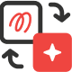 Two squares overlap: one with a red squiggle inside a black border and curved black arrows at corners, the other is solid red with a white four-point star centered.