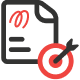 Icon of a document with red writing and lines, next to a red and black target with an arrow hitting the center.