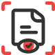 Icon of a document with lines, a checkmark in a circle at the bottom, and red corners framing the image, suggesting document verification or approval.