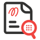 Icon of a document with a red scribble and black lines, next to a red magnifying glass containing a grid of dots.
