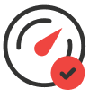 A speedometer icon with a red needle pointing right and a red checkmark in a circle at the bottom right, indicating approved or optimal speed.