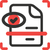 Icon of a document with an eye and checkmark overlay, surrounded by a red scanning frame, representing document review or verification.
