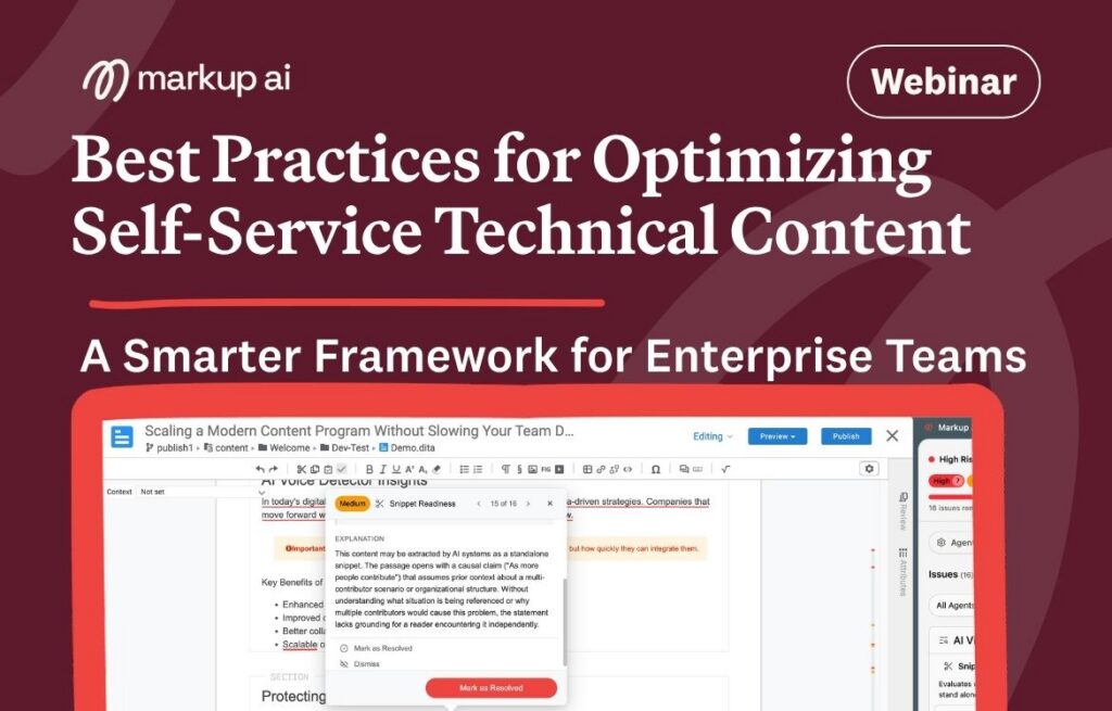 Webinar banner for Best Practices for Optimizing Self-Service Technical Content by markup ai, featuring a screenshot of a document editing interface and the tagline A Smarter Framework for Enterprise Teams..