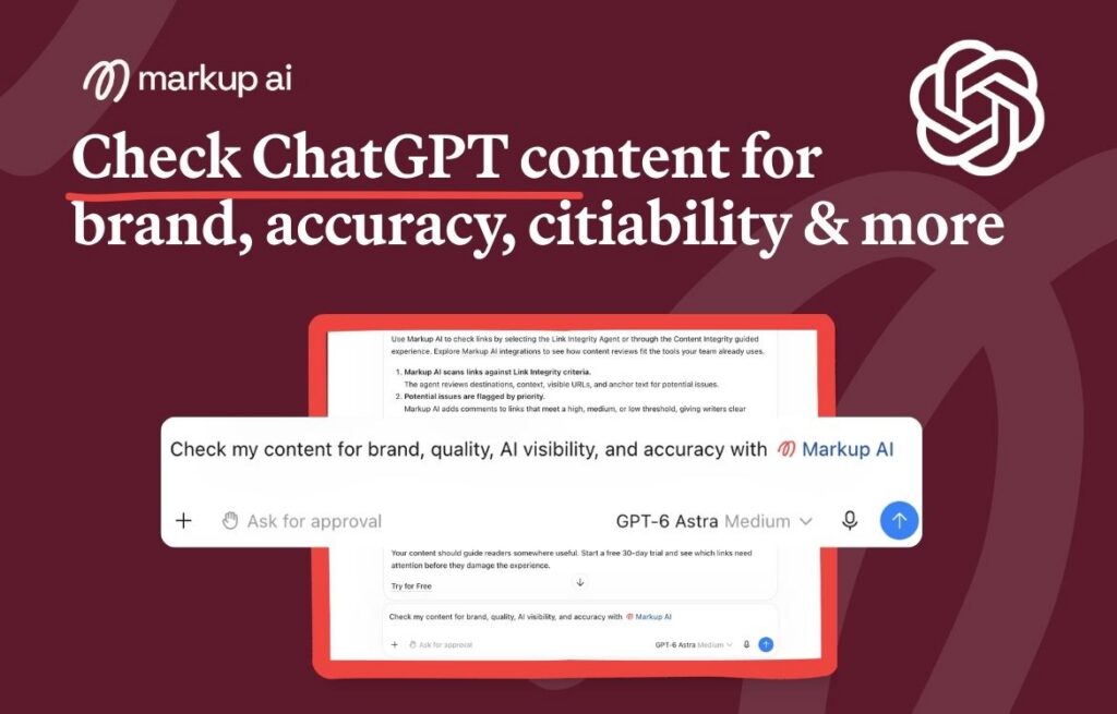 A promotional graphic for Markup AI, highlighting its feature to check ChatGPT content for brand, accuracy, citability, and more, with sample text on a digital screen and the Markup AI and OpenAI logos.