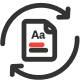 An icon of a document with Aa text and a red underline, surrounded by two curved arrows forming a circle, symbolizing document editing or text revision.