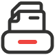 Simple icon of a printer with two sheets of paper coming out and a red horizontal bar on the front, all outlined in black and red on a light gray background.
