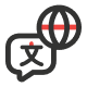 An icon showing a speech bubble with a Chinese character inside and a globe with a red horizontal line, symbolizing translation or global language services.
