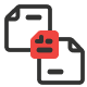 Two outlined document icons overlap, with a smaller red document icon featuring a stylized face covering part of the front document.