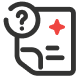 Icon of a paper with lines, a red star in the top right, and a question mark in a circle on the top left, symbolizing a document or form with a question.