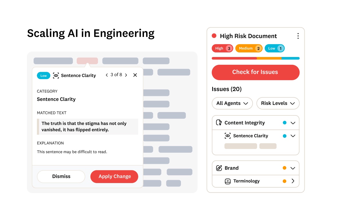 A software interface displays AI-generated clarity feedback for a sentence, with risk levels, issue categories, and options to dismiss or apply changes. Another panel shows an overview of issues with color-coded risk indicators.