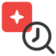 A red square with a white star inside is next to a black magnifying glass with a clock face, symbolizing search or review of starred or important items over time.