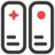 Two vertical pill-shaped buttons outlined in black. The left button has a red four-pointed star above two short black horizontal lines. The right button has a red circle above two short black horizontal lines.