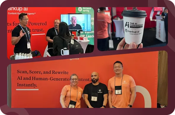 A collage of photos from an AI conference, including a man speaking at a booth, a hand holding a branded coffee cup, and three people wearing orange conference shirts standing in front of a banner.